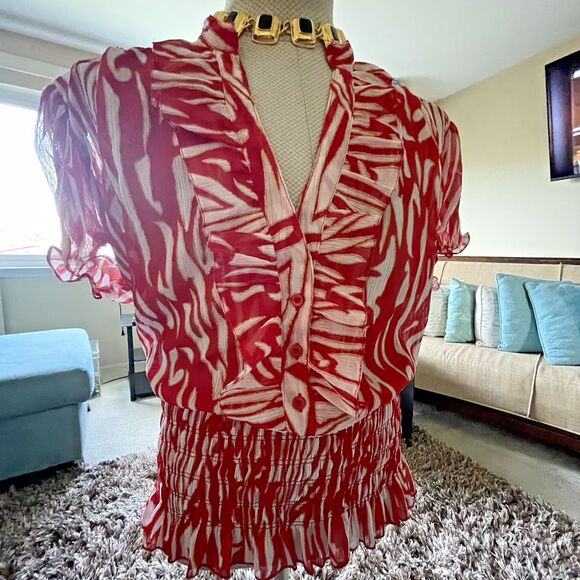 Vintage Erica Brooke Women's V-Neck Ruffle Top Blouse Sze 24 Short Sleeve Career - Picture 2 of 11